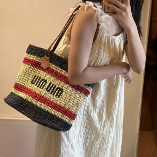 designer,replica,clothing,fake,1:1,lv,luxury,high quality Miu Miu bag straw striped stitching shoulder crossbody hand shopping bag tote bag beach bag for women