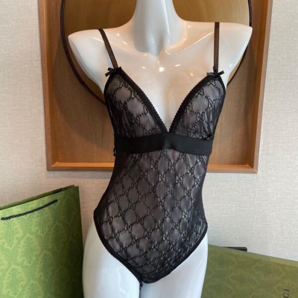designer,replica,clothing,fake,1:1,lv,luxury,high quality Gucci letter embroidered mesh sexy bodysuit translucent black