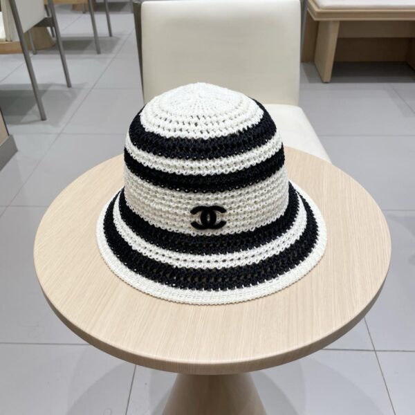 designer,replica,clothing,fake,1:1,lv,luxury,high quality Chanel straw contrast striped hollow fisherman hat women’s summer wide brim outdoor sun hat