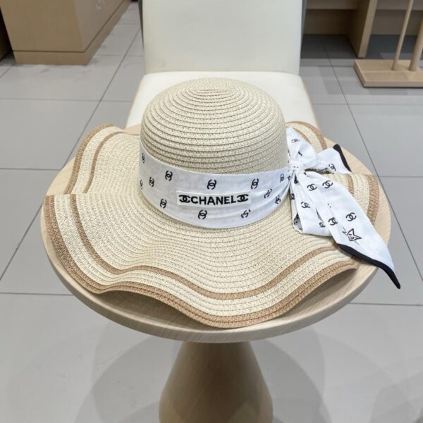 designer,replica,clothing,fake,1:1,lv,luxury,high quality Chanel ribbon straw hat wavy brim sun hat