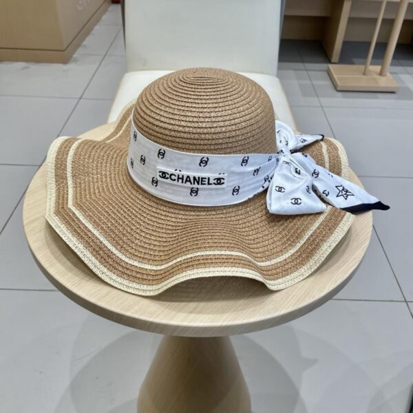 designer,replica,clothing,fake,1:1,lv,luxury,high quality Chanel ribbon straw hat wavy brim sun hat