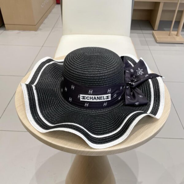 designer,replica,clothing,fake,1:1,lv,luxury,high quality Chanel ribbon straw hat wavy brim sun hat