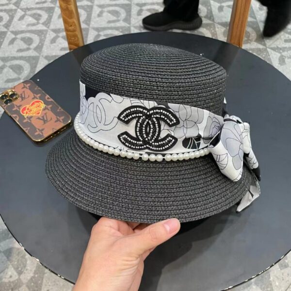 designer,replica,clothing,fake,1:1,lv,luxury,high quality Chanel New Pearl Ribbon Straw Vacation Bon Hat Straw Hat