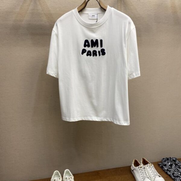 designer,replica,clothing,fake,1:1,lv,luxury,high quality AMI early spring new label embroidered letters couple wear short-sleeved T-shirt
