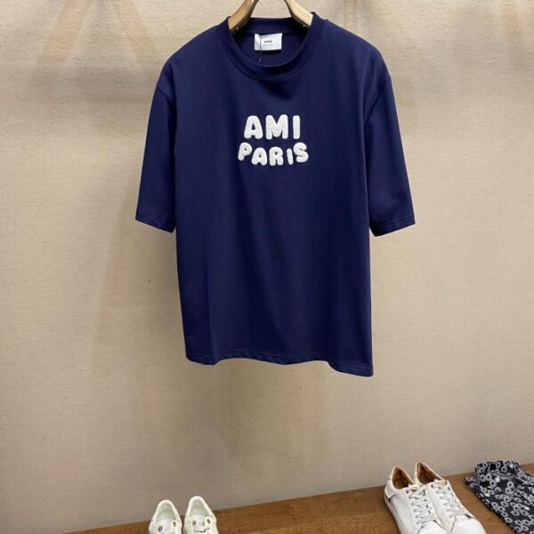 designer,replica,clothing,fake,1:1,lv,luxury,high quality AMI early spring new label embroidered letters couple wear short-sleeved T-shirt