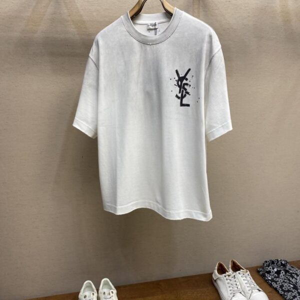 designer,replica,clothing,fake,1:1,lv,luxury,high quality Yves Saint Laurent Heavyweight Cotton Hand-painted Graffiti Series Washed Damaged Half Sleeve T-shirt OS Loose Version
