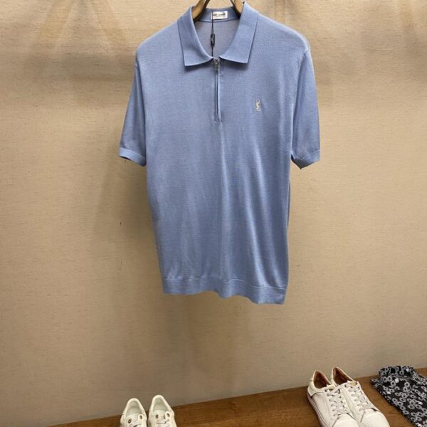 designer,replica,clothing,fake,1:1,lv,luxury,high quality SLP….. Summer refreshing outfit YSL ice blue half-zip knitted Polo short-sleeved T-shirt