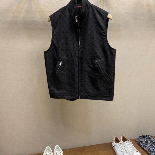 designer,replica,clothing,fake,1:1,lv,luxury,high quality Gucci Spring and Summer New GU Full Screen Double G Diamond Diamond Canvas Vest Men’s Stand-up Collar Zipper Design Casual Sleeveless Jacket