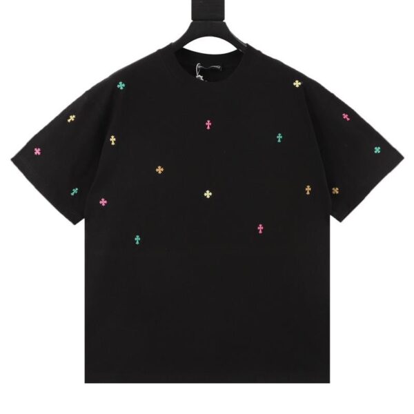 designer,replica,clothing,fake,1:1,lv,luxury,high quality Chrome Hearts colorful rivet cross inlaid short-sleeved T-shirt (9A0A)