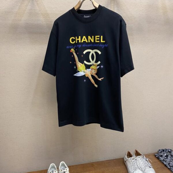 designer,replica,clothing,fake,1:1,lv,luxury,high quality CHANEL second-hand hand-painted mermaid print cuffs brand lettering glue short-sleeved T-shirt (4D5BA)