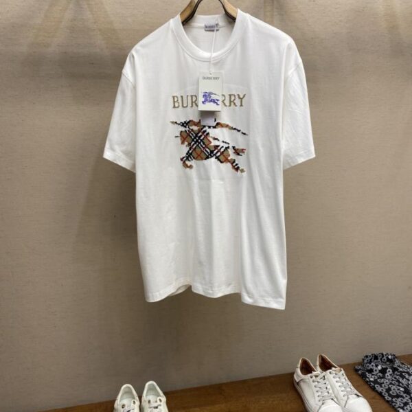 designer,replica,clothing,fake,1:1,lv,luxury,high quality Burberry Check Horse Round Neck Loose Cotton Short Sleeve (GWRSX)