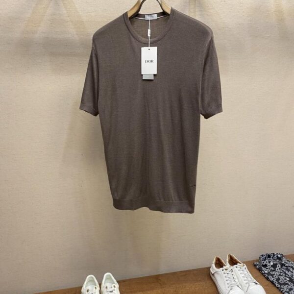 designer,replica,clothing,fake,1:1,lv,luxury,high quality Dior Dior bee embroidery on the hem silk cotton woven brown knitted short-sleeved T-shirt (J498B)