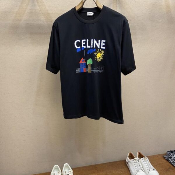 designer,replica,clothing,fake,1:1,lv,luxury,high quality Celine Childish Painting Print Round Neck Short Sleeve (ZK26H)