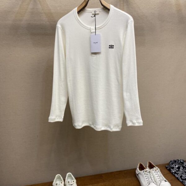 designer,replica,clothing,fake,1:1,lv,luxury,high quality Celine Early Autumn Series TRIOMPHE Embroidered Long-Pile Cotton Ribbed Button Long-Sleeved T-Shirt (7JXE5)