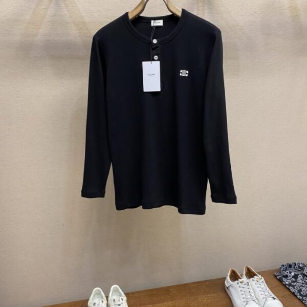 designer,replica,clothing,fake,1:1,lv,luxury,high quality Celine Early Autumn Series TRIOMPHE Embroidered Long-Pile Cotton Ribbed Button Long-Sleeved T-Shirt (SMTLV)