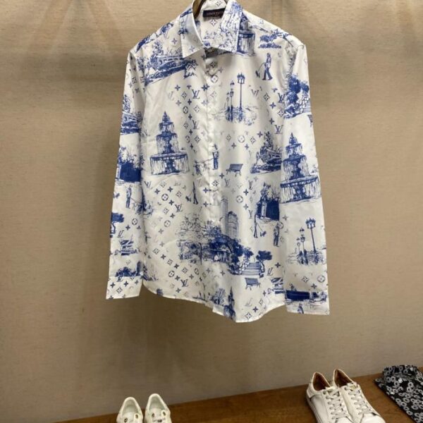 designer,replica,clothing,fake,1:1,lv,luxury,high quality LV Men’s Shirt Classic Collar Printed Long Sleeve Silk and Linen Shirt (AZJ76)