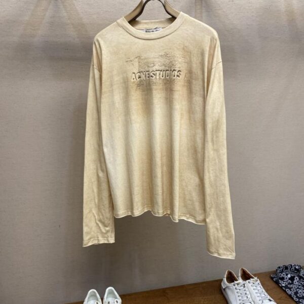 designer,replica,clothing,fake,1:1,lv,luxury,high quality Acne Studios mountain lettering destroyed long-sleeved suede cotton T-shirt in a sandy beige colorway
