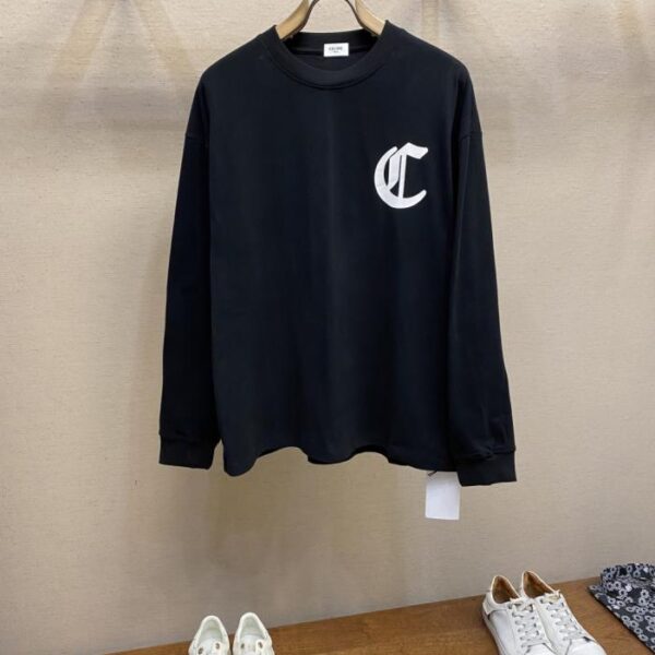 designer,replica,clothing,fake,1:1,lv,luxury,high quality Celien autumn new printed cotton black long-sleeved T-shirt loose version