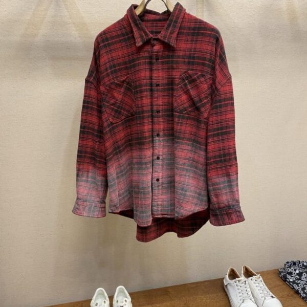 designer,replica,clothing,fake,1:1,lv,luxury,high quality R13 Laoge casual style pure cotton yarn-dyed plaid lapel black and red plaid distressed gradient color shirt