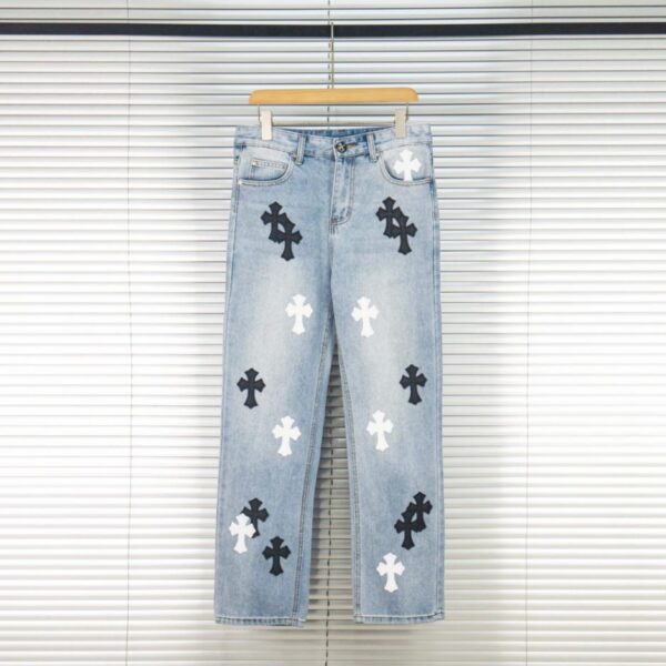 designer,replica,clothing,fake,1:1,lv,luxury,high quality Chrome Hearts Light Blue, Black, White, and Multi-Function Leather Couple Jeans (K0VOX)