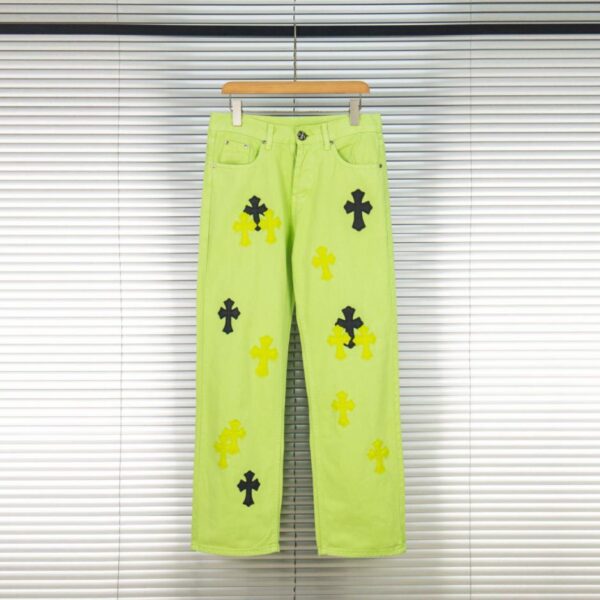designer,replica,clothing,fake,1:1,lv,luxury,high quality Chrome Hearts Dopamine Green Denim and Black and Yellow Leather Couple Jeans (759SA)