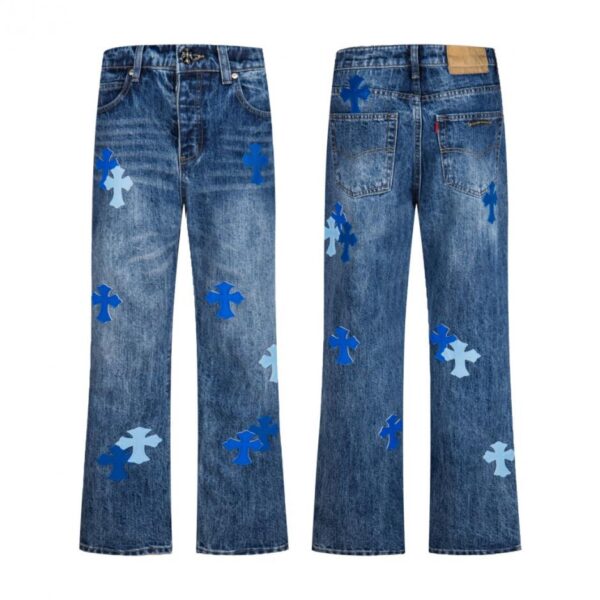 designer,replica,clothing,fake,1:1,lv,luxury,high quality Chrome Hearts Miami Limited Edition Blue Pants Blue Leather Cross Couple Jeans (0UGYD)