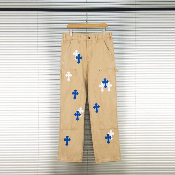 designer,replica,clothing,fake,1:1,lv,luxury,high quality Chrome Hearts Logging Khaki Denim with White and Blue Multi-Leather Hot Couple Jeans (JUYLW)