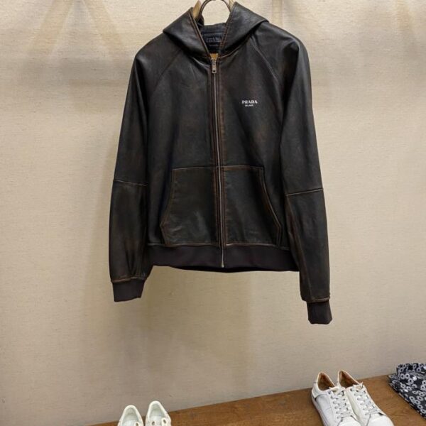 designer,replica,clothing,fake,1:1,lv,luxury,high quality Prada casual hooded leather jacket (O16DX)