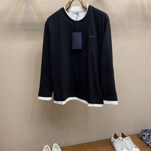 designer,replica,clothing,fake,1:1,lv,luxury,high quality Prada Early Fall Series Triangle Logo Cotton Splicing Contrast Color Design Long Sleeve T-shirt (L1N91)