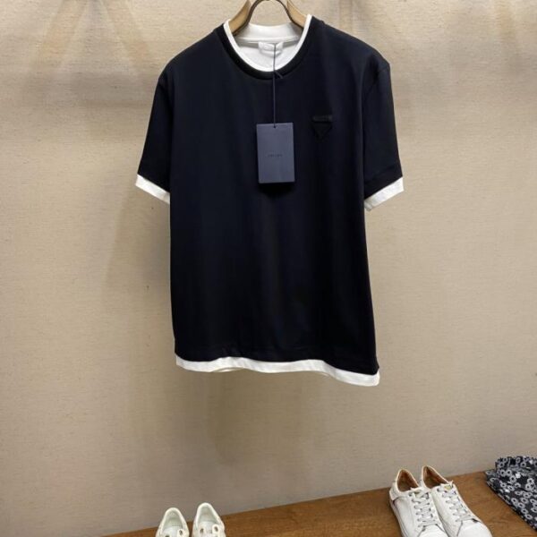 designer,replica,clothing,fake,1:1,lv,luxury,high quality Prada Early Fall Collection Classic Plain Cotton Contrast Color Design T-shirt (MG80G)