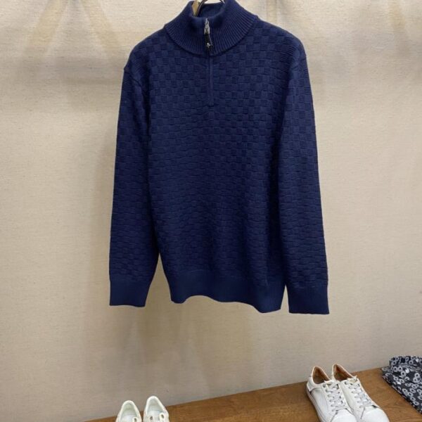 designer,replica,clothing,fake,1:1,lv,luxury,high quality LV Dark Mosaic Checkerboard Half-Zip Knit Pullover Sweater (9HZDA)