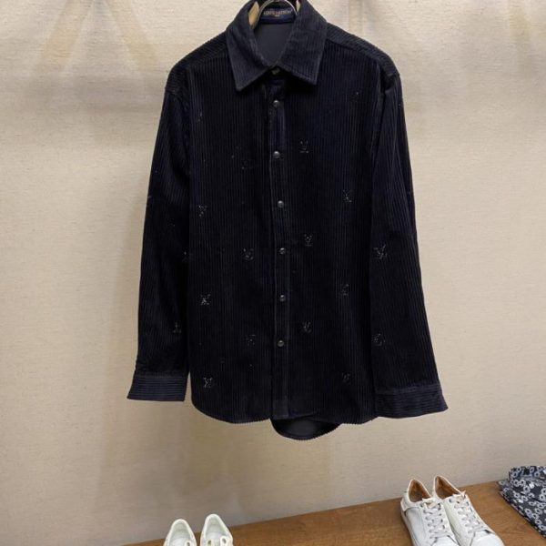 designer,replica,clothing,fake,1:1,lv,luxury,high quality LV rhinestone logo button-down corduroy long-sleeved shirt (Y8Y8I)