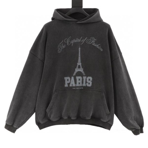 designer,replica,clothing,fake,1:1,lv,luxury,high quality Balenciaga Eiffel Tower Print Washed Hoodie (81C7)