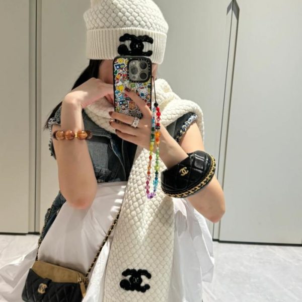 designer,replica,clothing,fake,1:1,lv,luxury,high quality Chanel woven textured crocheted double C cashmere ribbed scarf set (4D4EB)