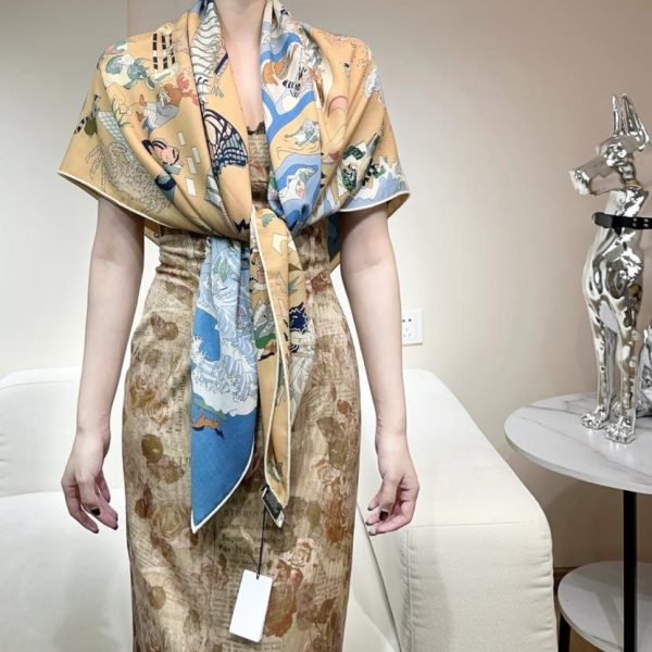designer,replica,clothing,fake,1:1,lv,luxury,high quality Hermes “Equestrian Academy” 140 Reversible Tone Silk Shawl/Hand-rolled Edge Silk Wool Square Scarf (SVANF)