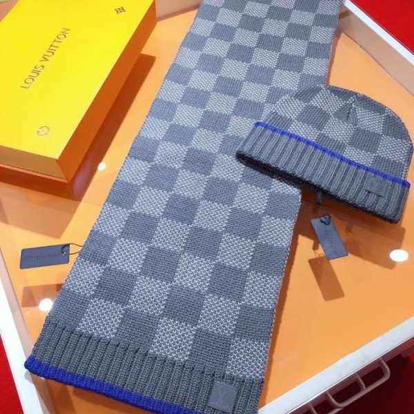 designer,replica,clothing,fake,1:1,lv,luxury,high quality RLV1955 [Premium Set] LV Thick Damier Cashmere Scarf + Hat, Extra Warm and Comfortable 100% Cashmere (BWM5I)