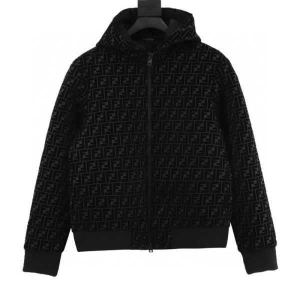 designer,replica,clothing,fake,1:1,lv,luxury,high quality Fendi FF Flocked Zip-Up Hooded Jacket (8C7B)