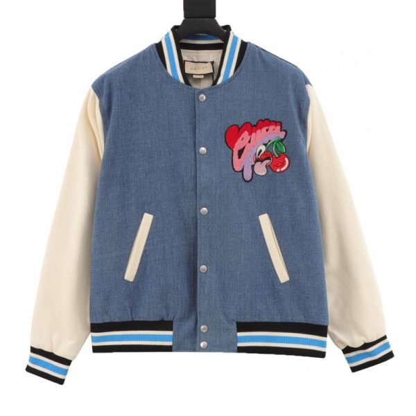 designer,replica,clothing,fake,1:1,lv,luxury,high quality Gucci Cherry Embroidery Denim Patchwork Baseball Jacket (1E1A)