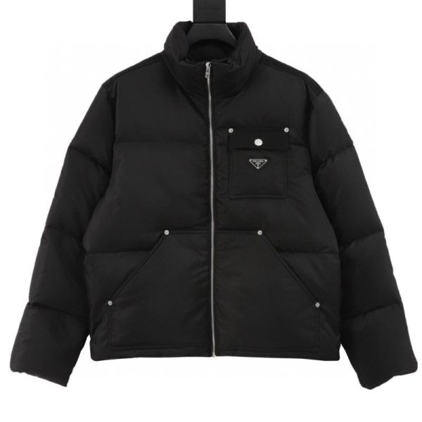 designer,replica,clothing,fake,1:1,lv,luxury,high quality PRADA Nylon Logo Flap Pocket Stand Collar Down Jacket (6C24)