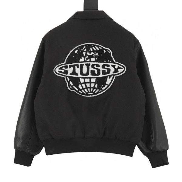 designer,replica,clothing,fake,1:1,lv,luxury,high quality STUSSY GLOBE VARSITY JACKET Logo Embroidered Flocked Chenille Pattern Leather Jacket (6AC0)