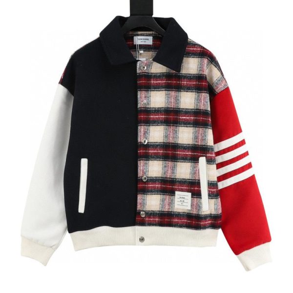 designer,replica,clothing,fake,1:1,lv,luxury,high quality Thom Browne patchwork plaid baseball jacket with four stripes (0D29)
