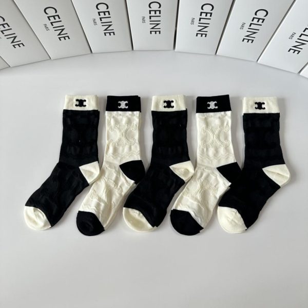 designer,replica,clothing,fake,1:1,lv,luxury,high quality CELINE New Embroidered Mid-Length Socks, 5 pairs per box (C6V09)