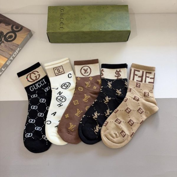 designer,replica,clothing,fake,1:1,lv,luxury,high quality (5 pairs per box) GUCCI New Mid-Calf Socks, Pure Cotton Fabric (890ZD)