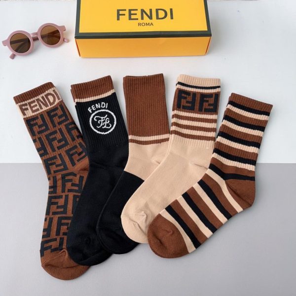 designer,replica,clothing,fake,1:1,lv,luxury,high quality (5 pairs per box) FENDI double F letter mid-calf socks, pure cotton fabric (6DGWC)