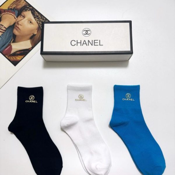 designer,replica,clothing,fake,1:1,lv,luxury,high quality [3 pairs per box] Chanel classic logo pure cotton mid-calf socks (7B6FA)