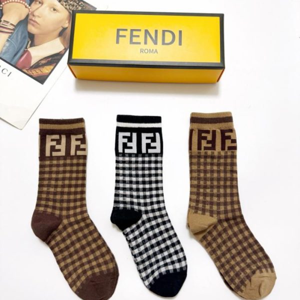 designer,replica,clothing,fake,1:1,lv,luxury,high quality [3 pairs per box] FENDI classic logo cotton mid-calf socks (13J5Z)