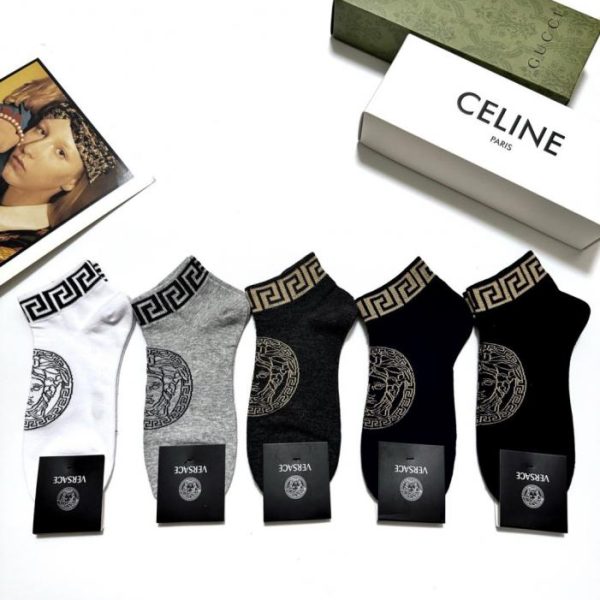 designer,replica,clothing,fake,1:1,lv,luxury,high quality [5 pairs per box] Unisex Versace classic logo cotton socks (R952K)
