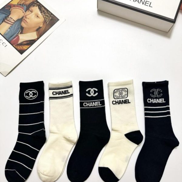 designer,replica,clothing,fake,1:1,lv,luxury,high quality [5 pairs per box] Chanel classic logo cotton mid-calf socks (EJ8N6)
