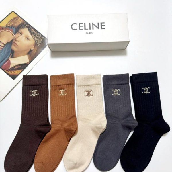 designer,replica,clothing,fake,1:1,lv,luxury,high quality 【5 pairs per box】 Celine Classic Embroidered Logo Cashmere Blend Mid-Calf Socks (3I3JH)