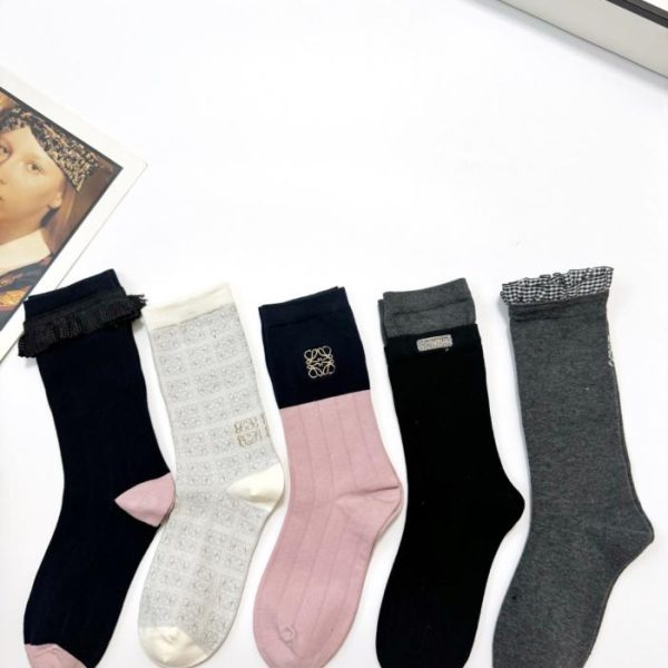 designer,replica,clothing,fake,1:1,lv,luxury,high quality [5 pairs per box] Loewe classic logo pure cotton mid-calf socks (N9J8V)